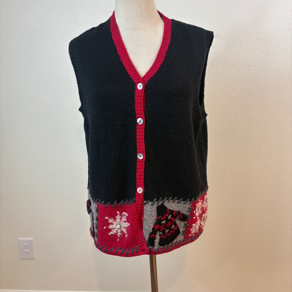 Northern Isles Sweater Vest Women L Black Vintage Snowflake Holiday Applique